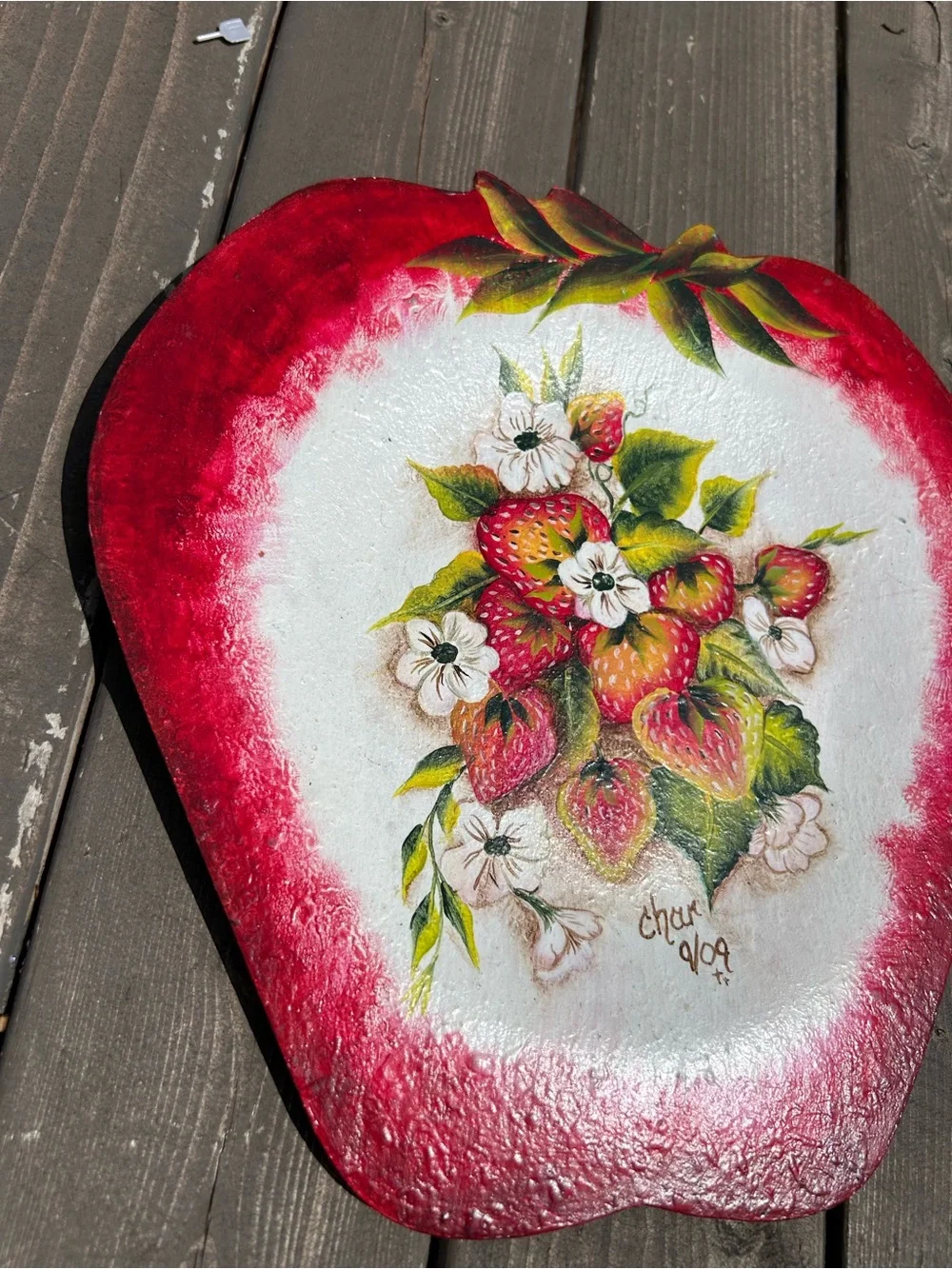Vintage Wood plate Hand Painted Strawberry strawberries Cottagecore‎ Signed